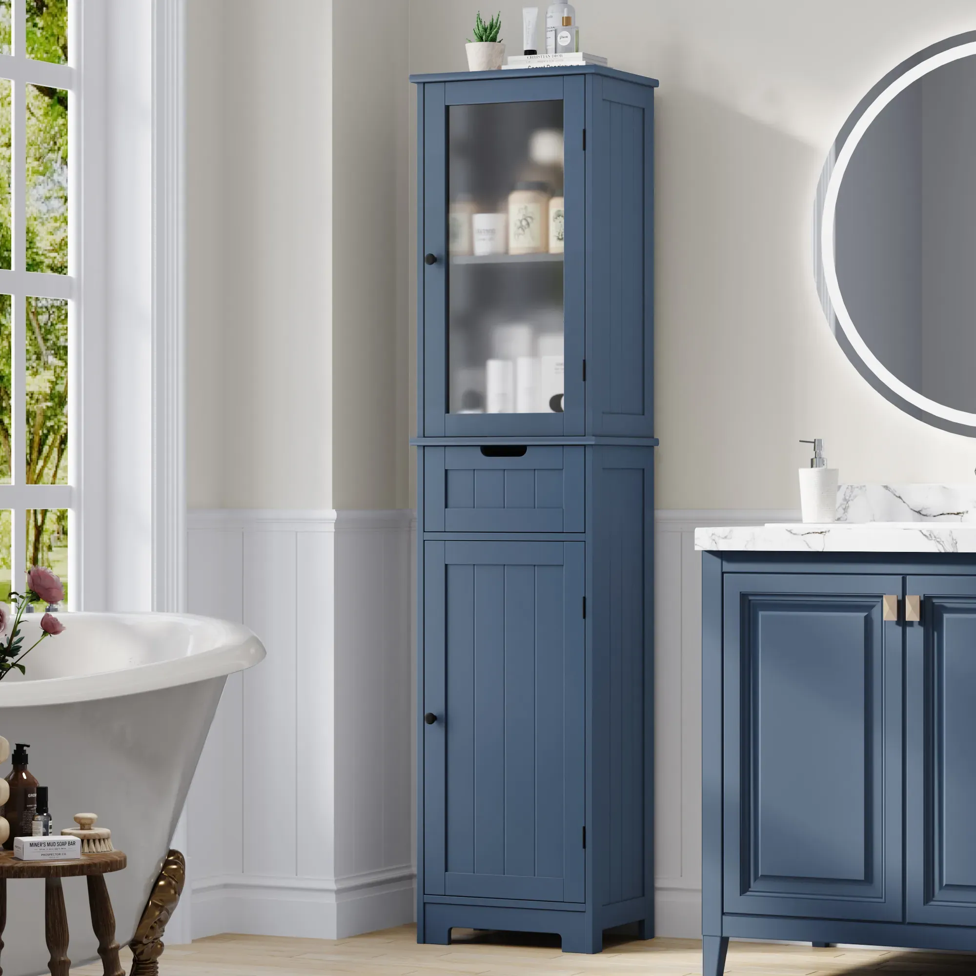 Narrow Linen Tower with Frosted Glass Doors and Drawer, Blue