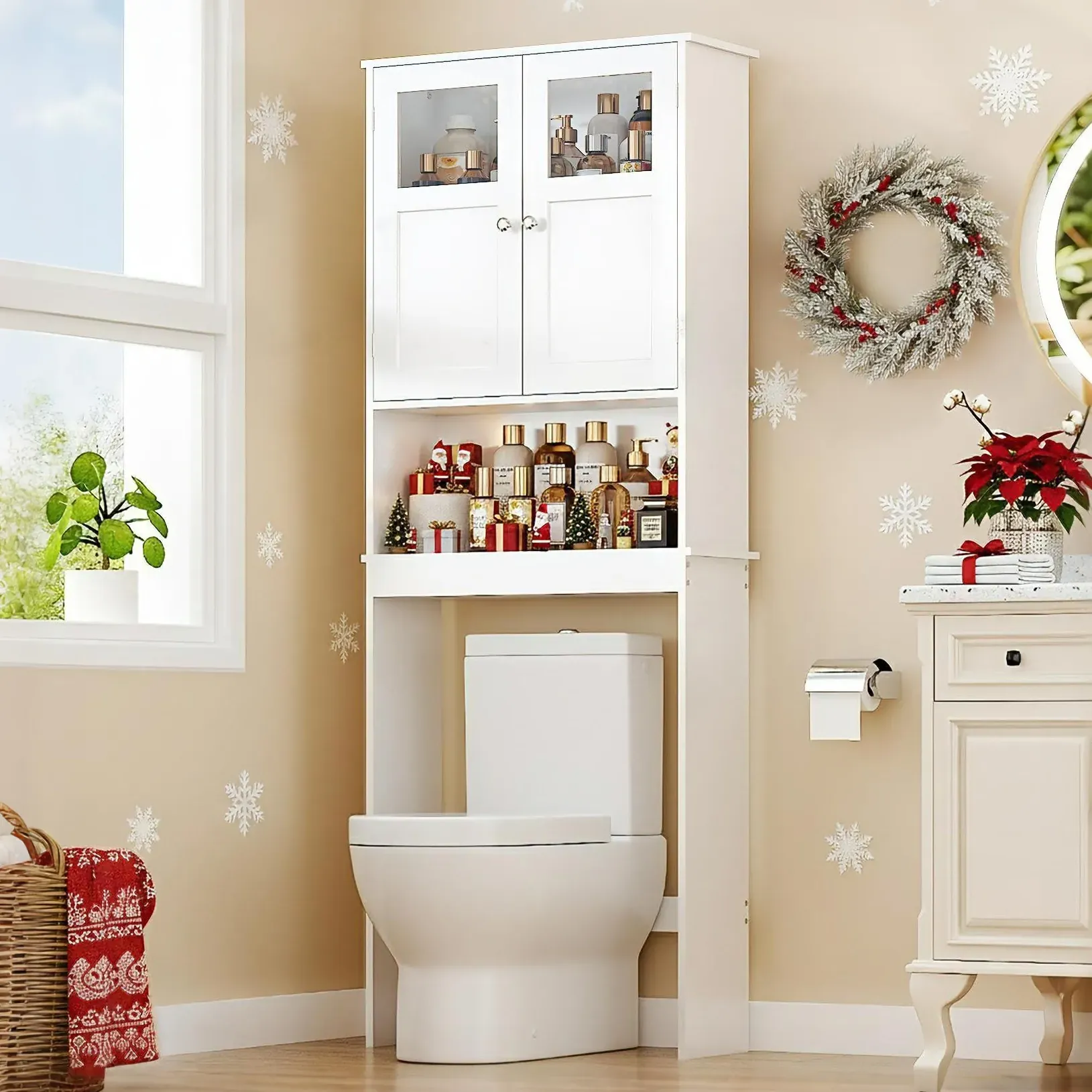 White Double-Door Over-the-Toilet Cabinet with Adjustable Shelf